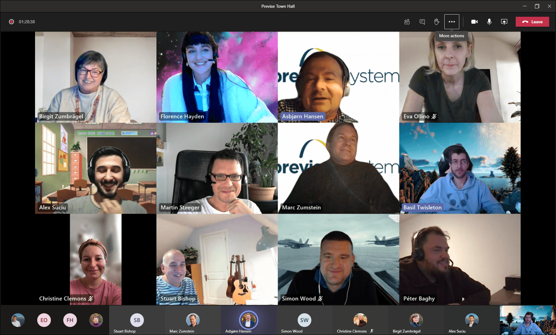 A virtual team meeting with 15 participants, each in their own video frame, smiling and engaged in a video call interface.